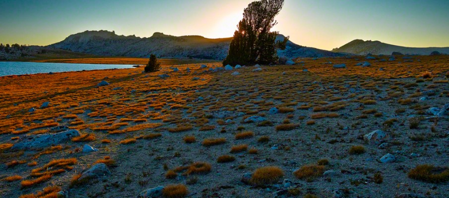 sunset over lake evelyn in Yosemite